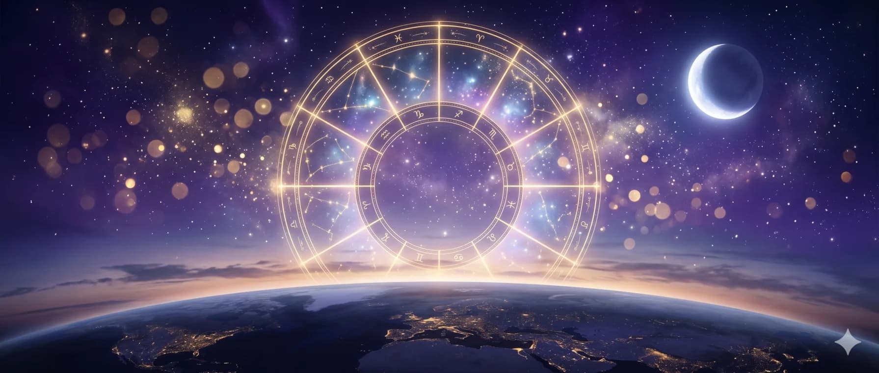 Rueda astral dividida en doce casas brillantes sobre el horizonte de la Tierra