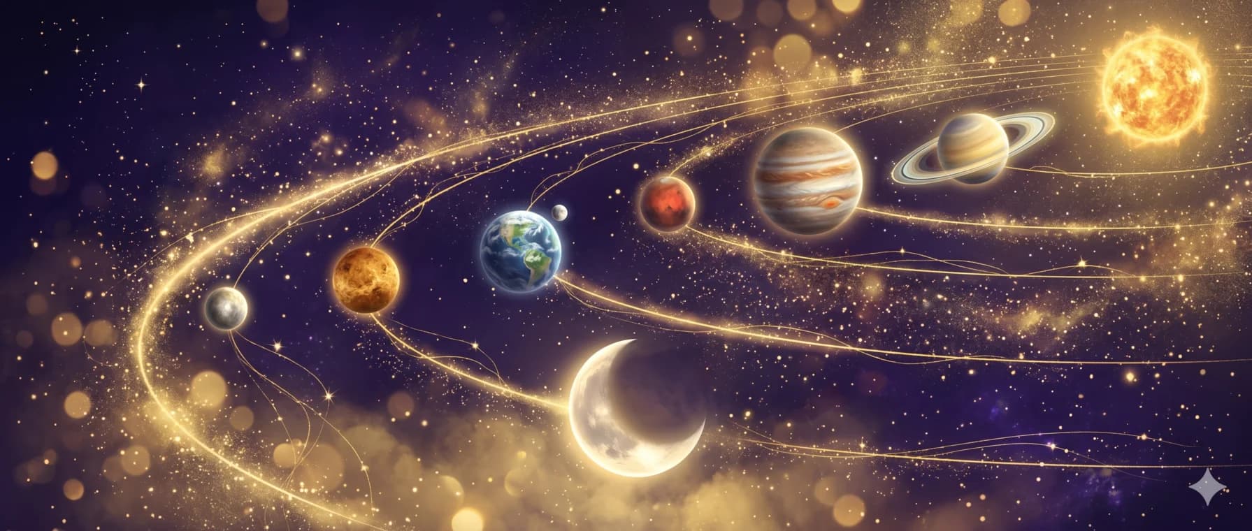 Los planetas clásicos orbitando en un cosmos dorado luminoso