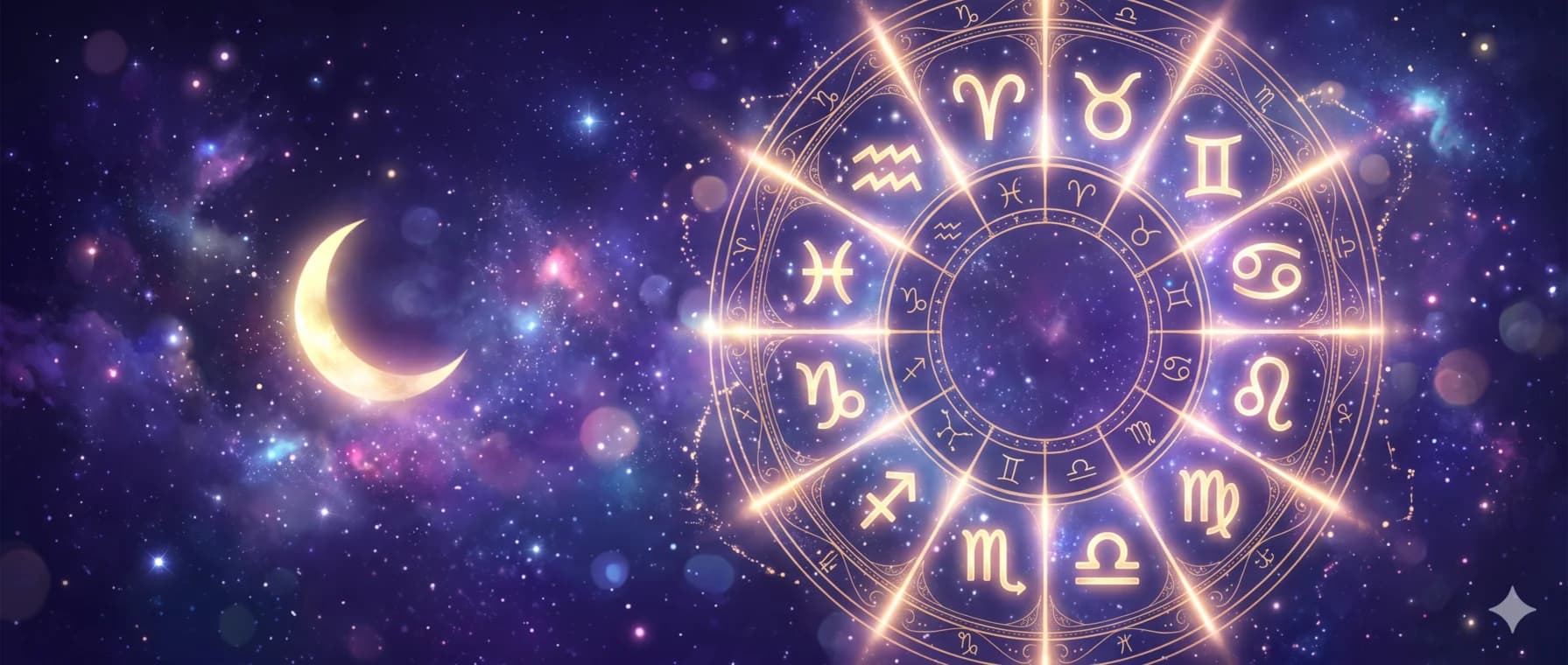 Rueda zodiacal con los doce glifos de los signos brillando sobre un cosmos violeta profundo