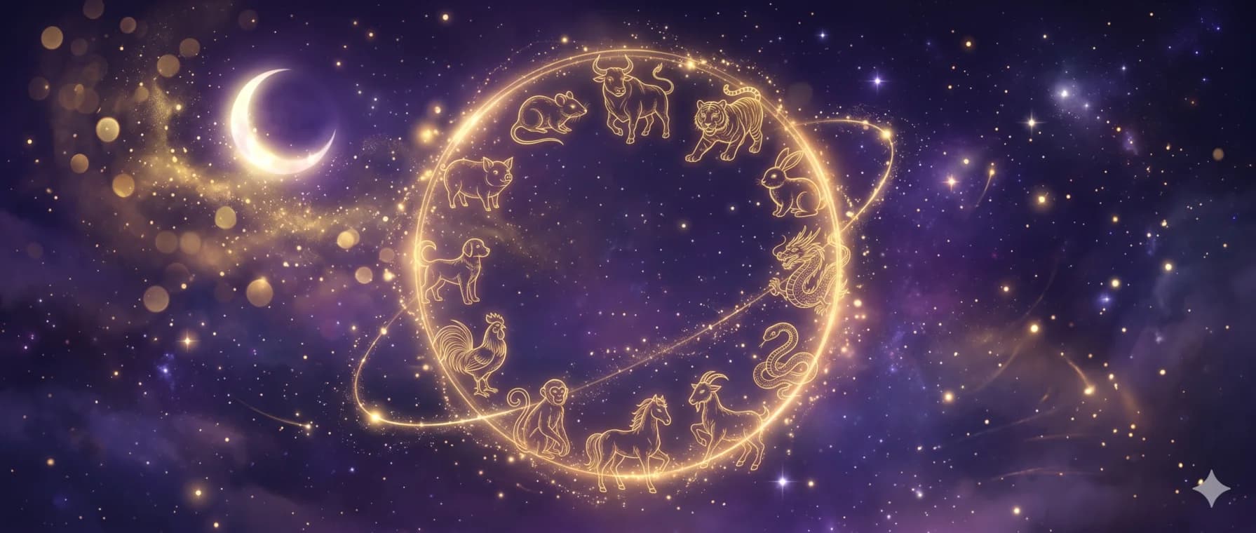 Los doce animales del zodíaco chino en trazo dorado fino dispuestos en círculo luminoso
