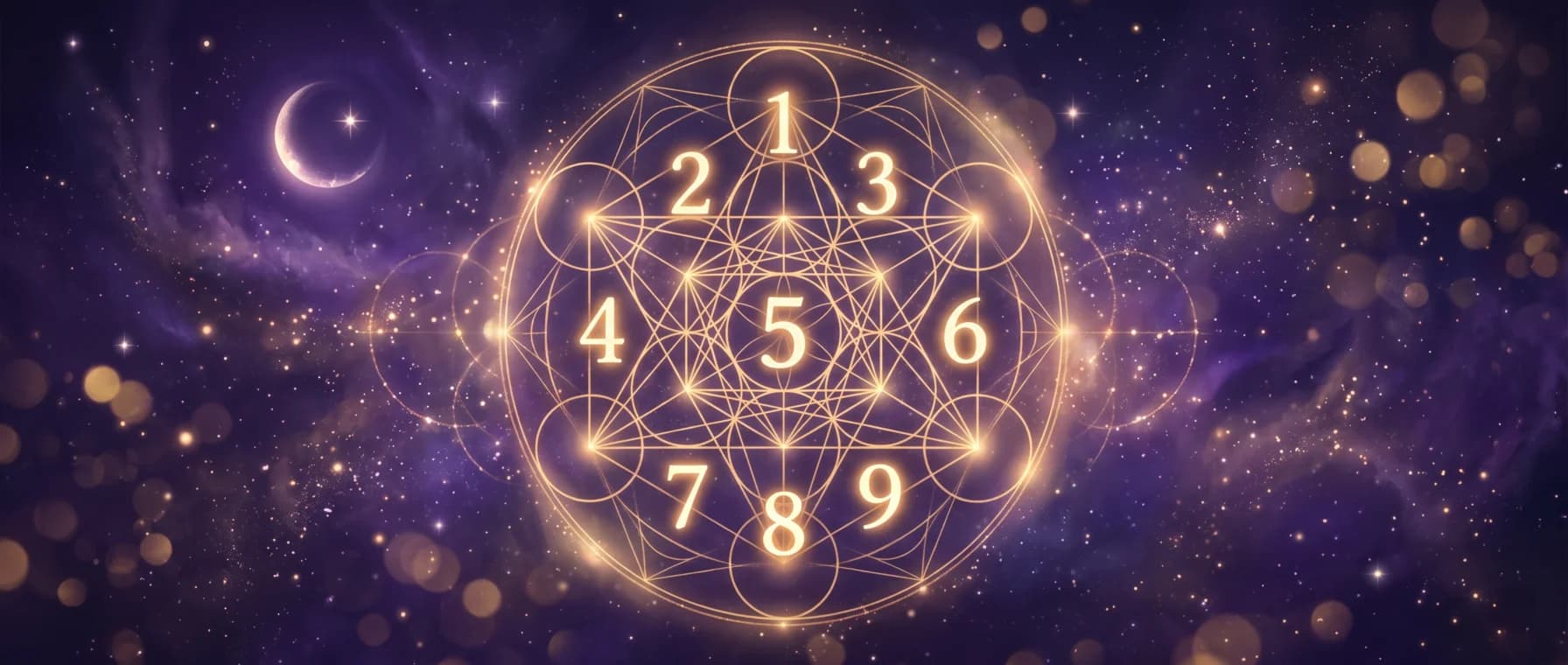 Dígitos dorados del 1 al 9 flotando en geometría sagrada luminosa sobre cielo violeta índigo