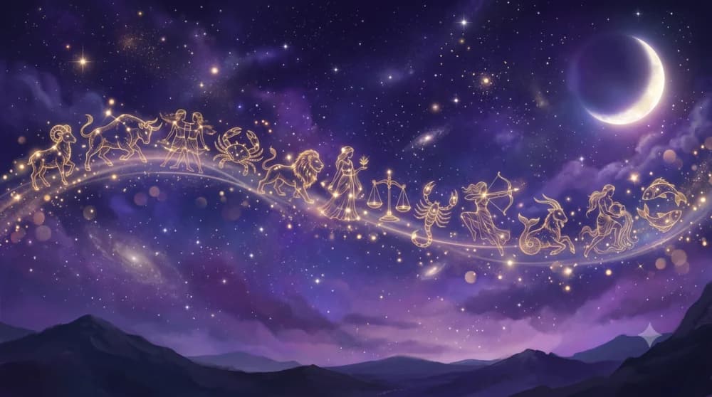 Procesión de las doce constelaciones zodiacales a través de un cielo violeta estrellado