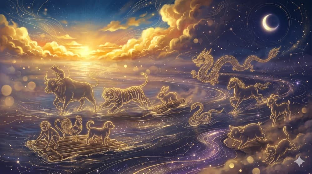 Los doce animales zodiacales corriendo a través de un río mítico bajo un cielo dorado