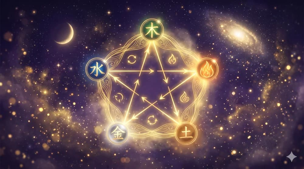 El ciclo Wu Xing —madera, fuego, tierra, metal, agua— representado como pentágono dorado brillante