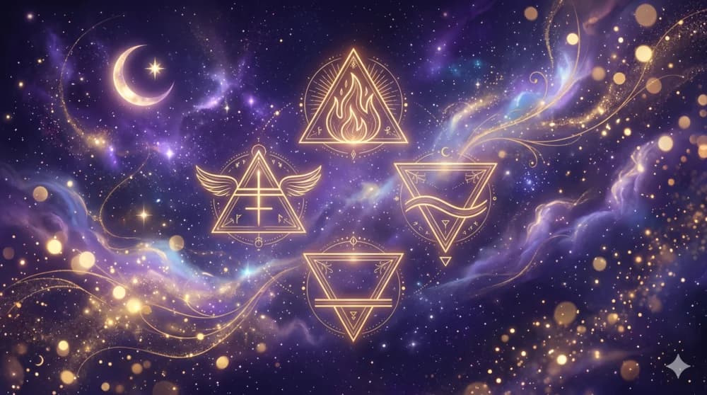 Los cuatro símbolos elementales (fuego, tierra, aire, agua) en trazo dorado fino sobre cosmos violeta