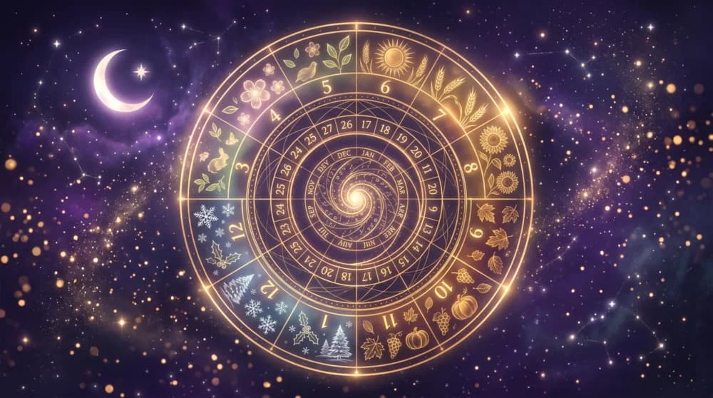 Rueda espiral de calendario formada por dígitos dorados girando a través de las estaciones