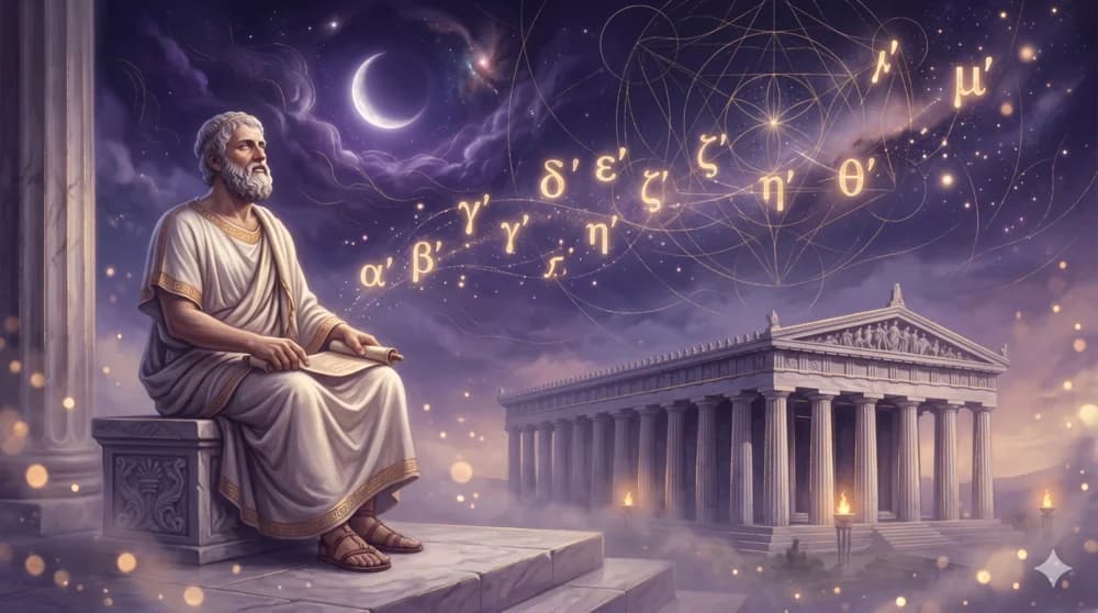 Filósofo griego antiguo contemplando números dorados sobre un templo de mármol, atmósfera mística clásica