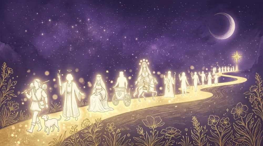 Procesión de los 22 Arcanos Mayores a lo largo de un sendero dorado
