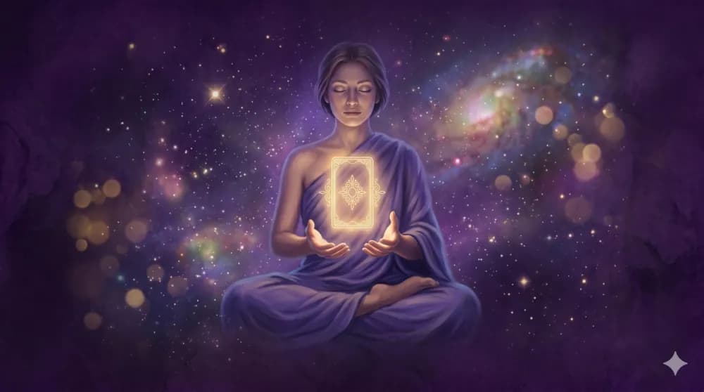 Persona meditando con una carta de Tarot luminosa flotando sobre sus manos