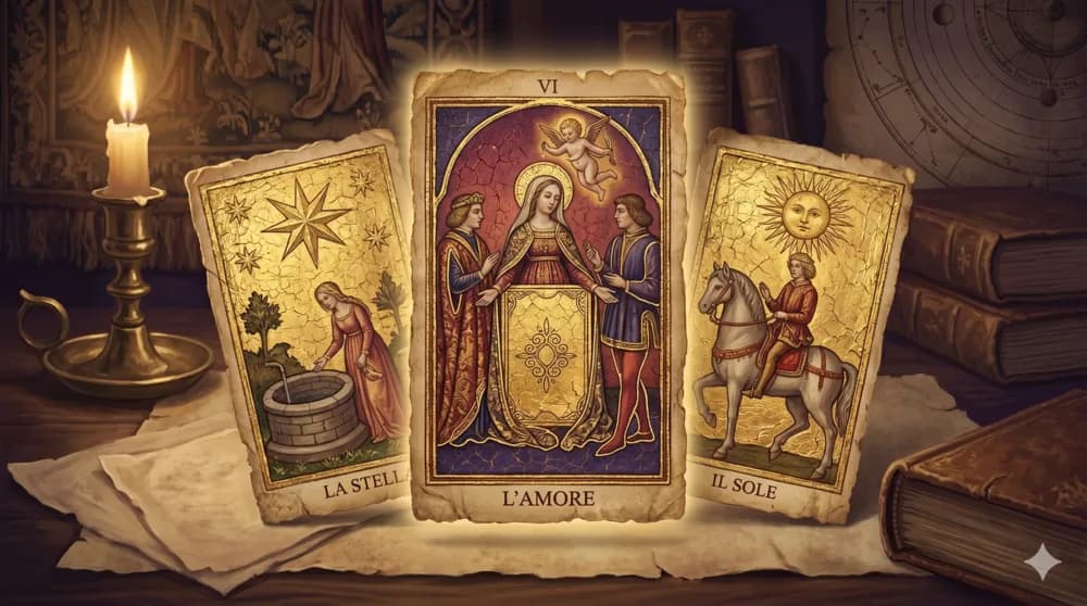 Antiguas cartas trionfi italianas del siglo XV sobre pergamino con detalle en pan de oro