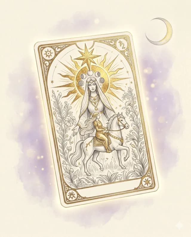 Una carta de Tarot irradiando luz dorada sobre fondo crema