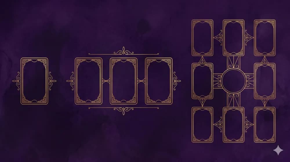 Diagramas dorados de tres tiradas de Tarot: carta única, tres cartas y cruz celta