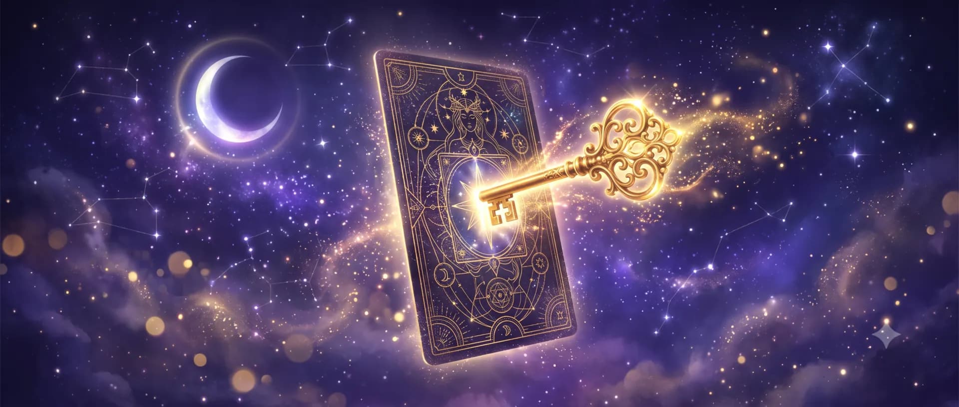 Llave dorada abriendo una carta de tarot con geometría sagrada, bajo un cielo nocturno violeta con luna creciente y estrellas