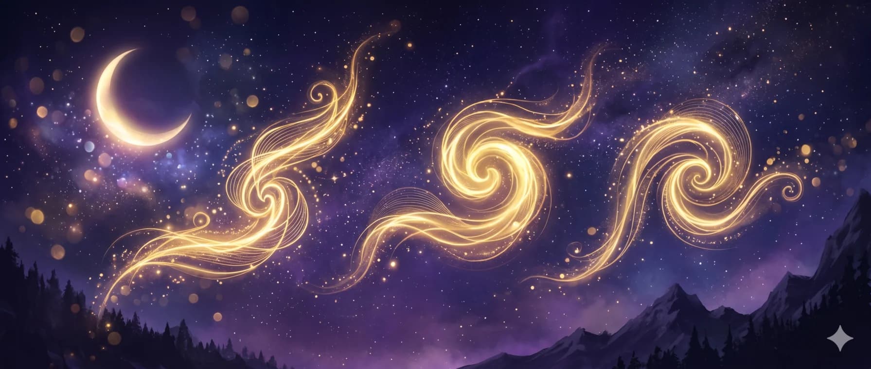 Tres glifos de movimiento —cardinal, fijo y mutable— como formas doradas fluidas