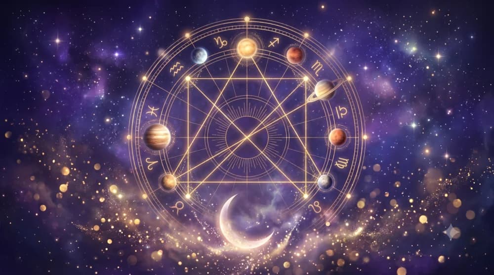Líneas doradas geométricas (trígono, cuadratura, oposición) conectando planetas en la rueda astral