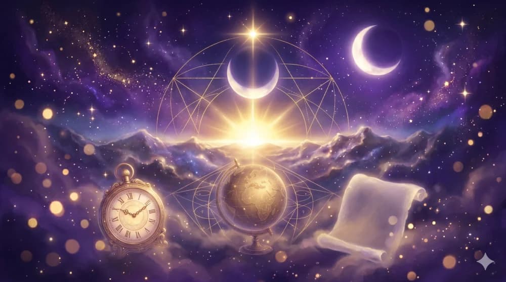 Sol, Luna y ascendente alineados como trinidad luminosa sobre un paisaje cósmico dorado