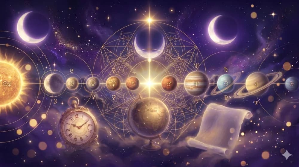 Procesión de planetas clásicos orbitando en cosmos violeta profundo con trazos dorados finos