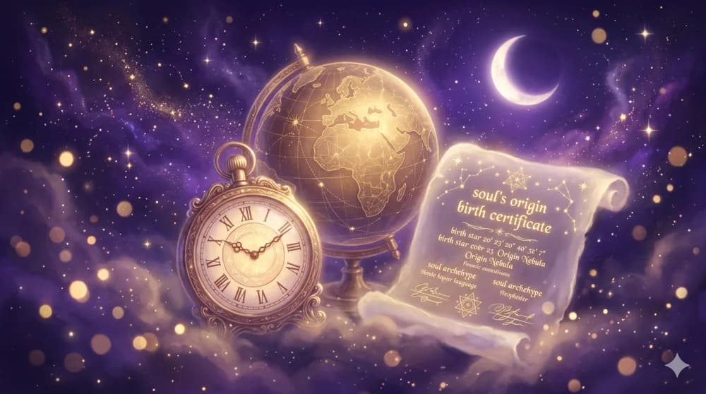 Certificado de nacimiento, globo terráqueo y reloj antiguo irradiando luz, los datos del origen del alma