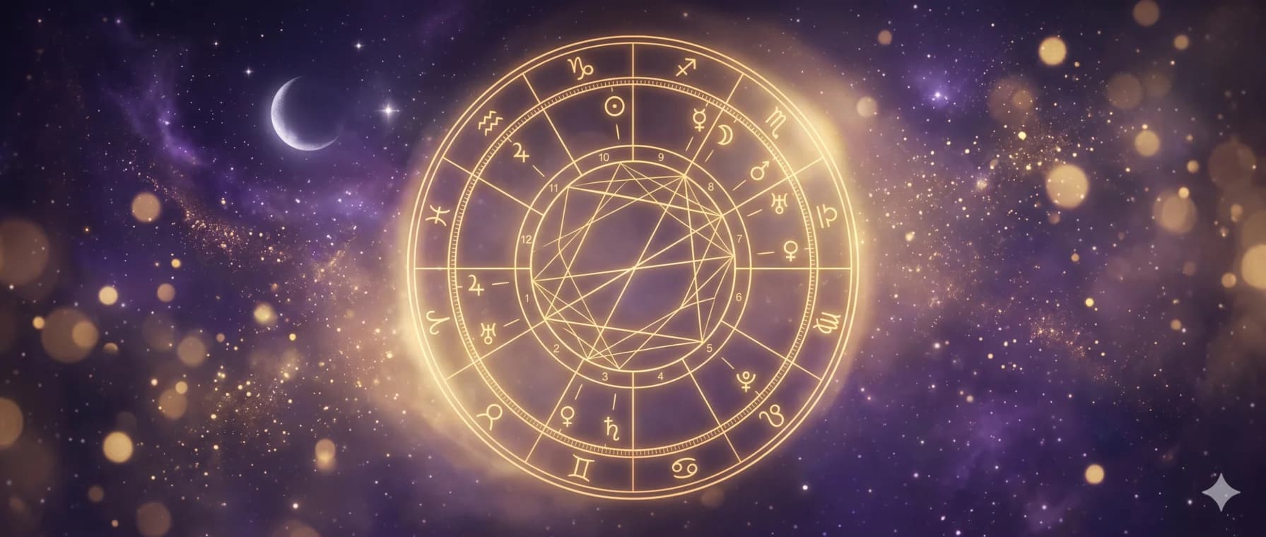 Rueda de carta natal luminosa con planetas y glifos zodiacales trazados en líneas doradas finas