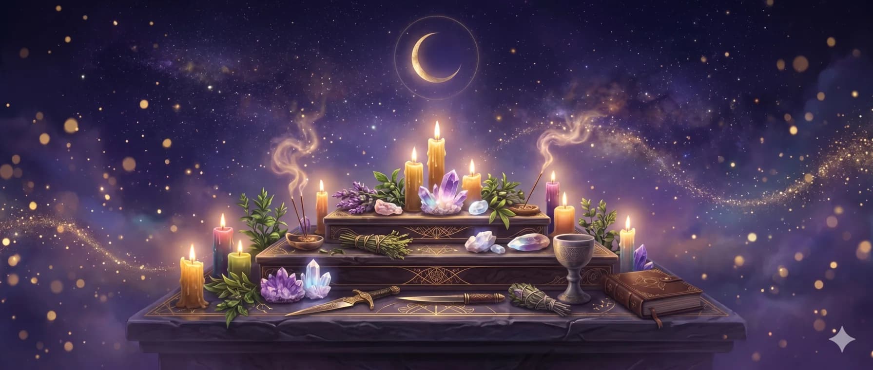 Altar místico con velas encendidas, cristales y hierbas brillando en atmósfera de ritual sagrado