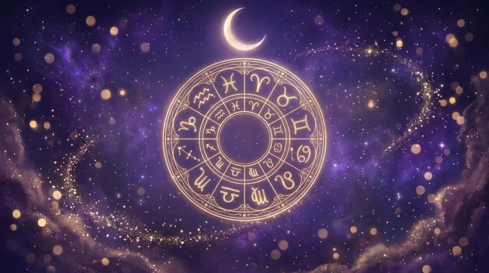 Rueda zodiacal y constelaciones doradas en un cielo nocturno índigo