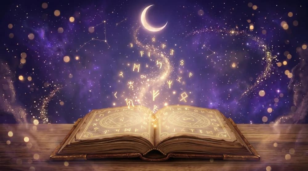 Libro abierto antiguo rodeado de símbolos esotéricos dorados y luz etérea