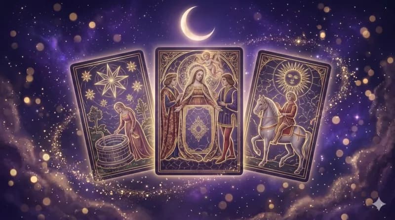 Cartas de tarot iluminadas con resplandor dorado sobre un fondo místico violeta