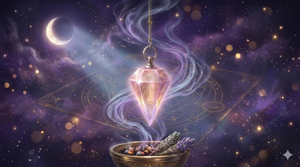 Péndulo bañado en luz de luna y humo de incienso en espiral durante un ritual de purificación