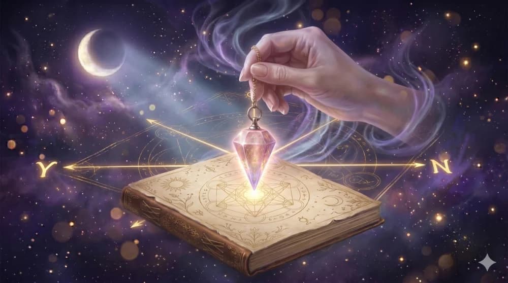 Mano sosteniendo un péndulo sobre un cuaderno abierto con un resplandor dorado de enfoque introspectivo