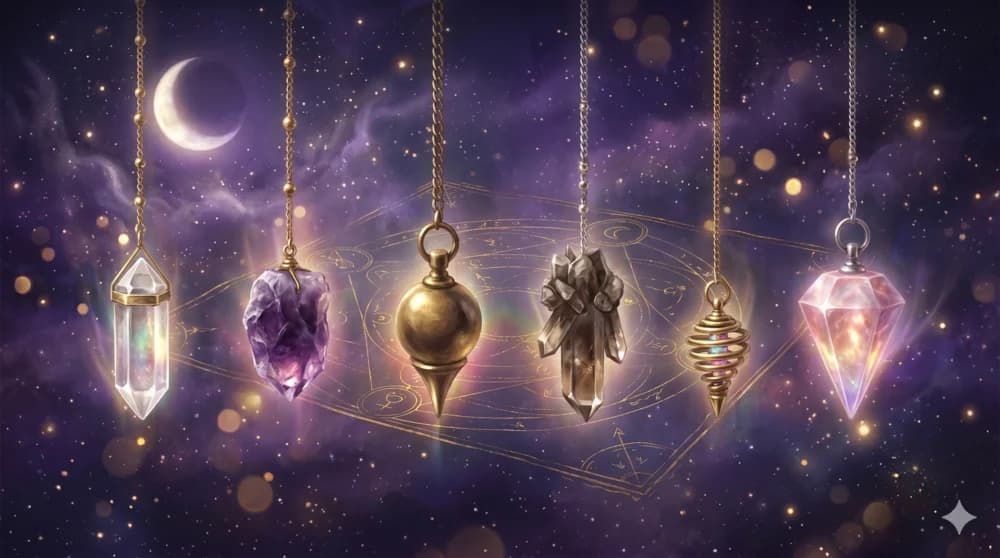 Fila de diferentes péndulos de cristal —cuarzo, amatista, latón— colgando y brillando suavemente