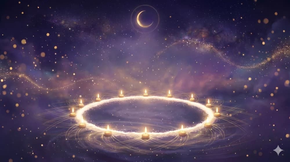 Círculo brillante de sal y velas formando un espacio sagrado protegido