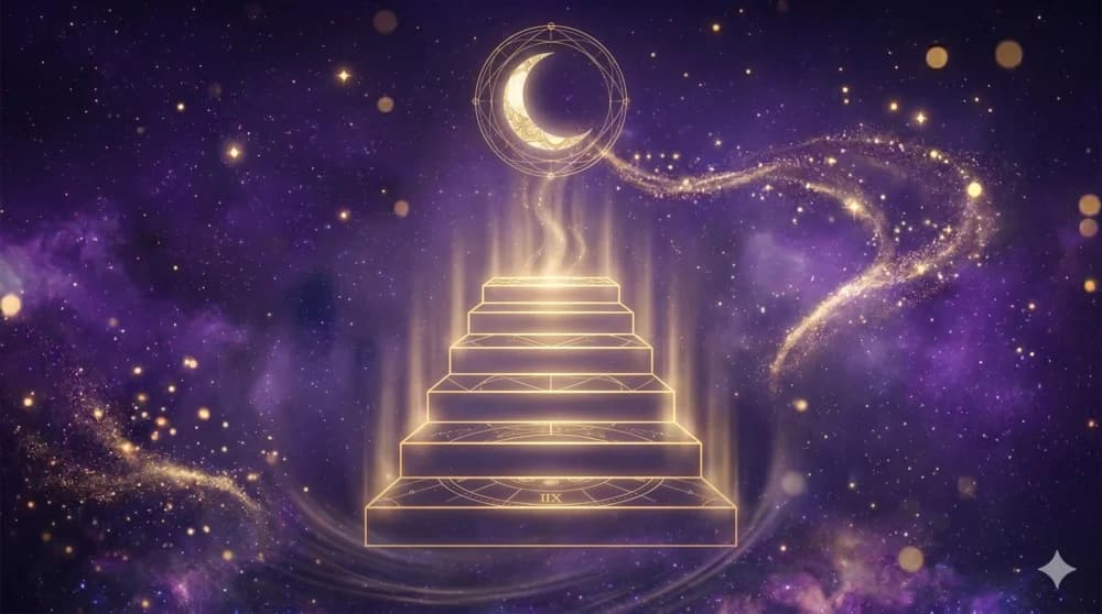 Elegante diagrama de los pasos de un ritual ascendiendo como luz dorada, minimalista