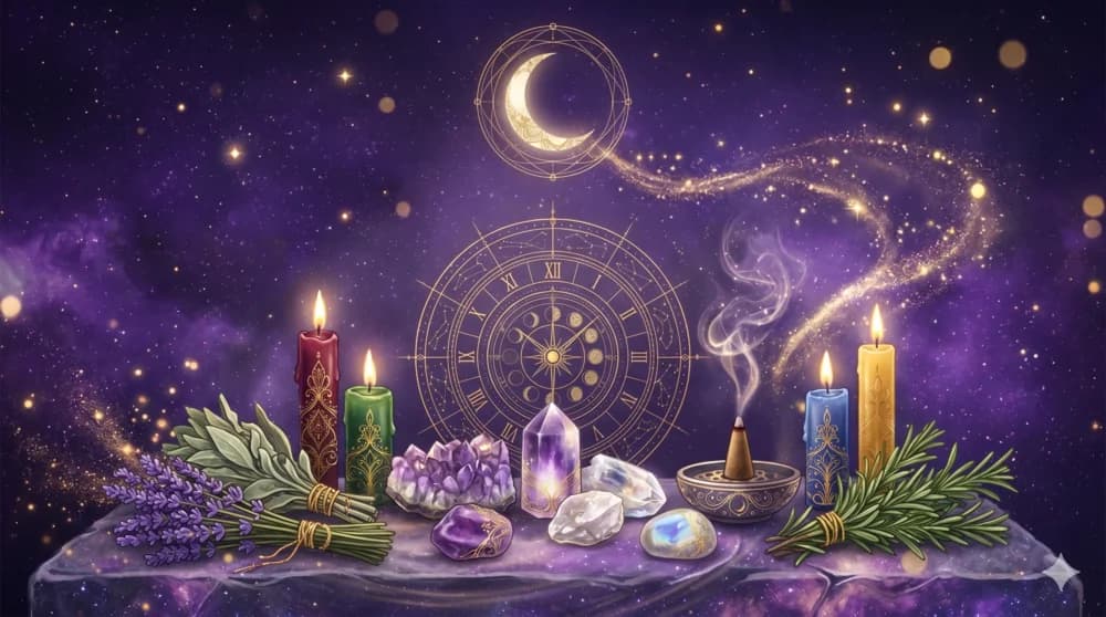 Hierbas, cristales, velas de colores e incienso dispuestos como herramientas rituales con detalle dorado