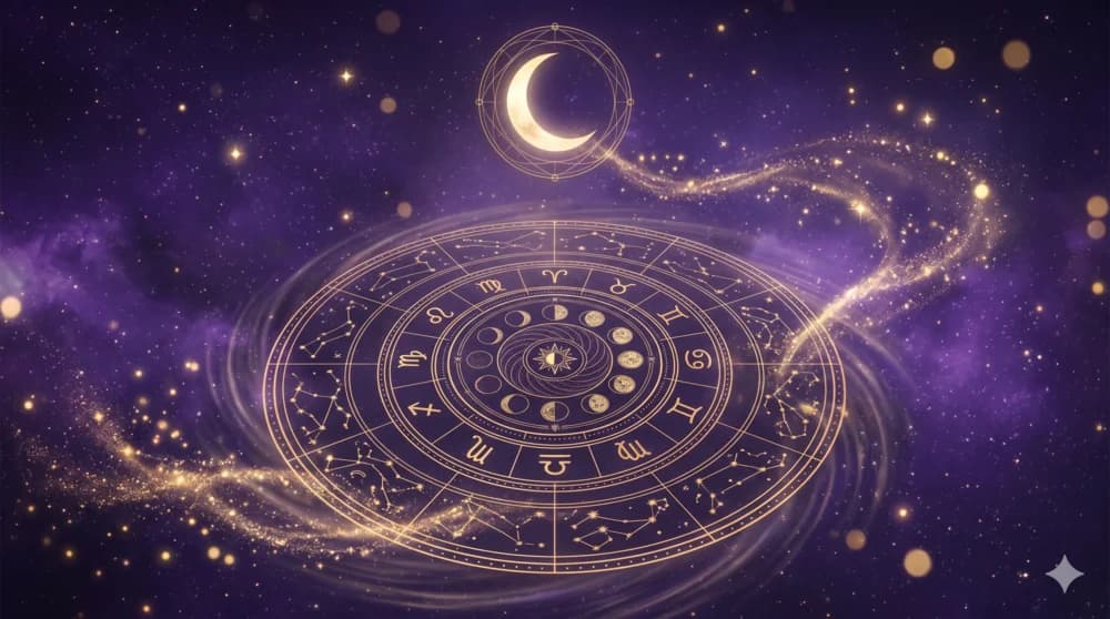 Rueda de fases lunares rodeada de glifos dorados de días de la semana, calendario lunar