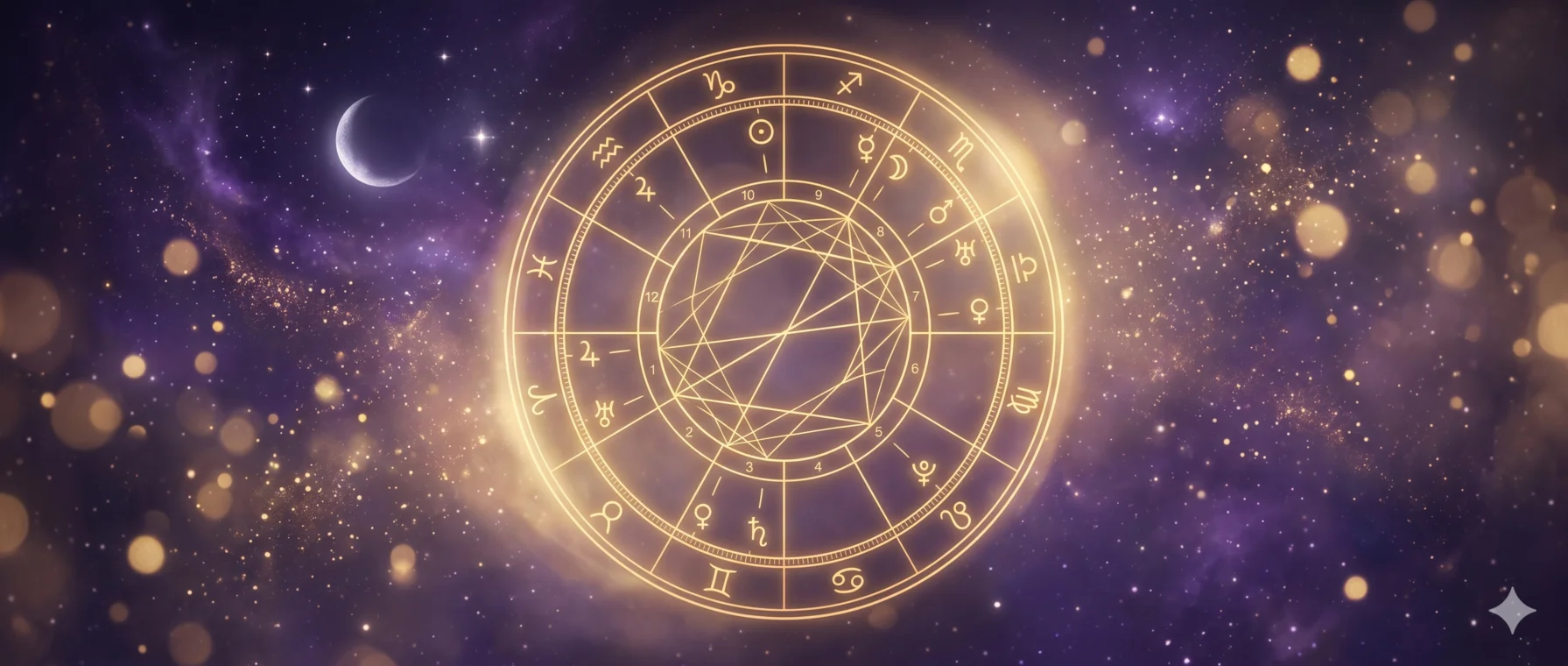 Rueda de carta natal luminosa con planetas y glifos zodiacales en finas líneas doradas