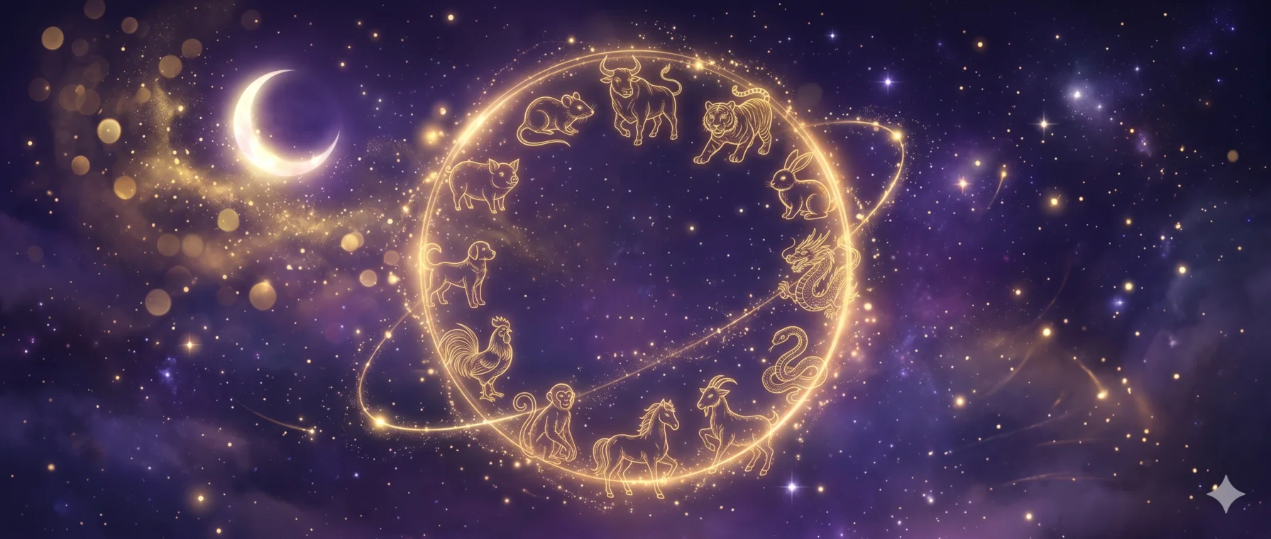 Los doce animales del zodíaco chino en finas líneas doradas dispuestos en círculo luminoso