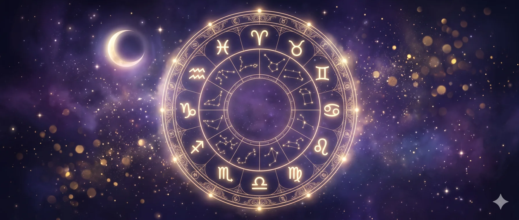 Rueda zodiacal completa con los doce glifos brillando y finas líneas de constelaciones