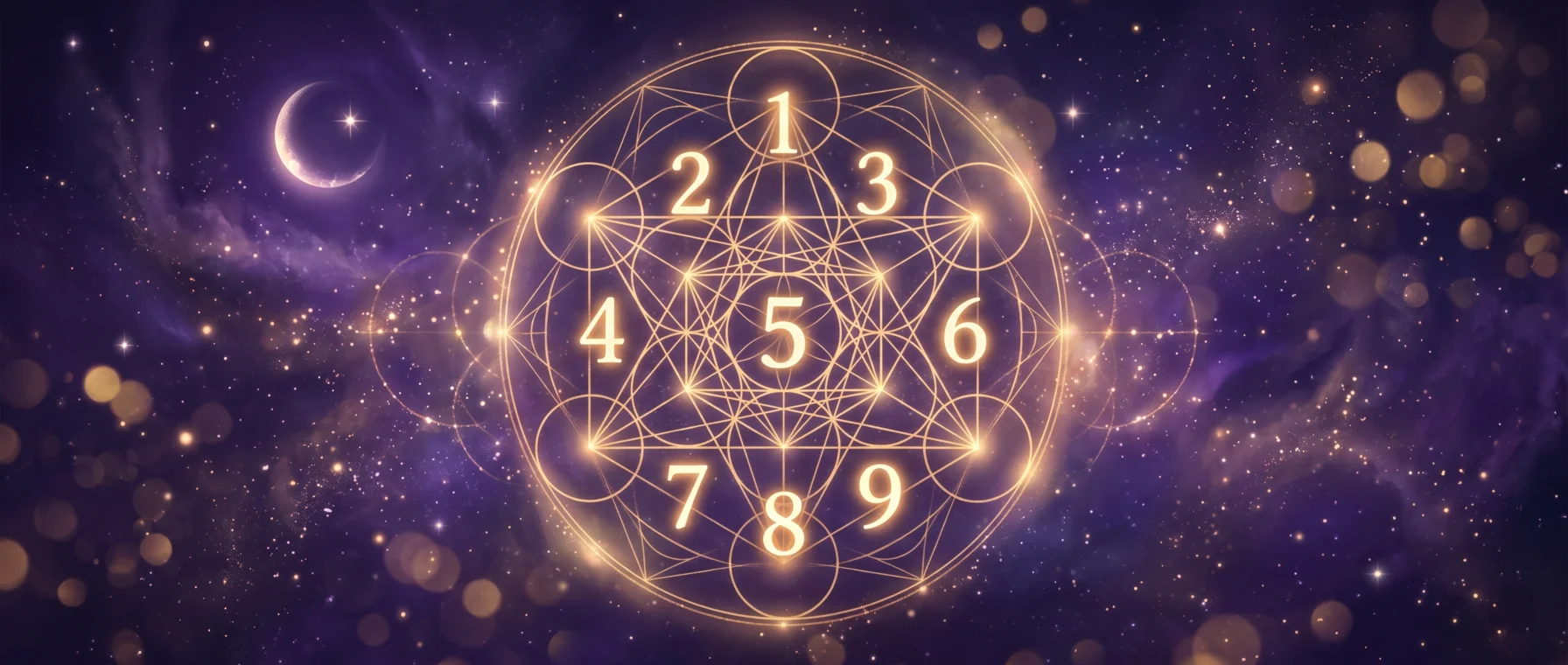 Numerales dorados luminosos del 1 al 9 dentro de una geometría sagrada