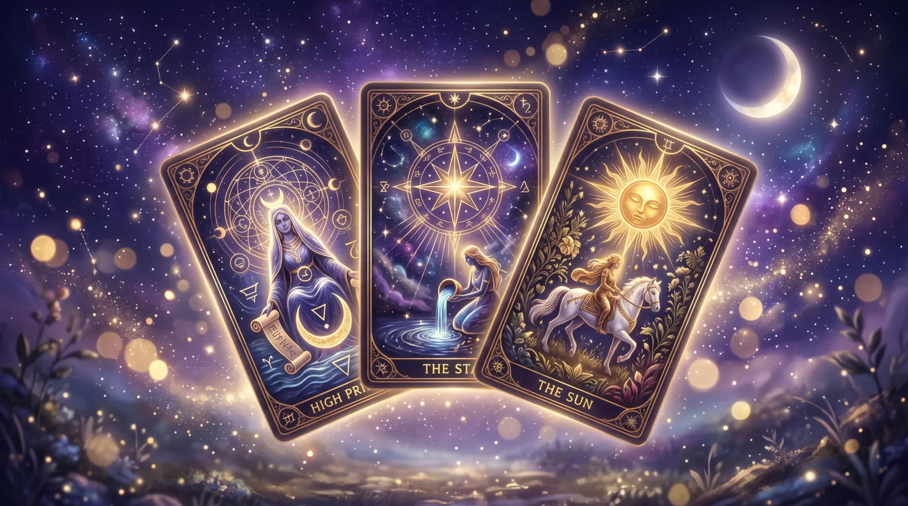 Ilustración mística de cartas de tarot con resplandor dorado